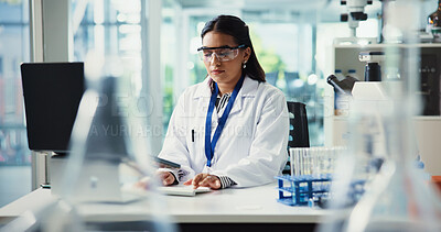 Buy stock photo Test, Indian woman or scientist on computer in lab for chemical experiment, report or medical technology. Research, physics or chemist with development, pharmaceutical project or healthcare study
