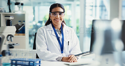 Buy stock photo Happy, woman and portrait of scientist with goggles in laboratory for chemical experiment. Professional, research and female medical chemist with pharmaceutical project for healthcare innovation.