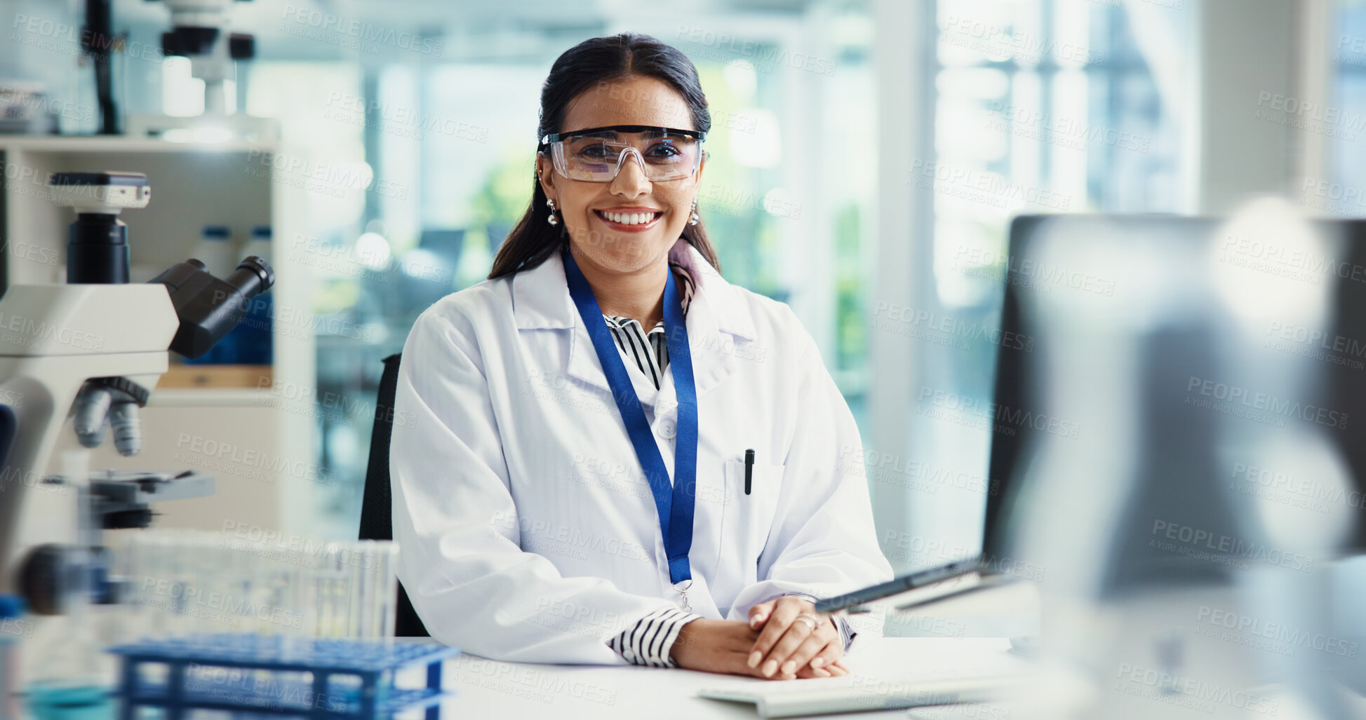 Buy stock photo Happy, woman and portrait of scientist with goggles in laboratory for chemical experiment. Professional, research and female medical chemist with pharmaceutical project for healthcare innovation.