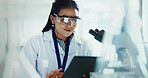 Scientist, woman and tablet with checklist for chemistry, testing and medical research. Biotech, laboratory and analysis with data inspection for pharmaceutical or pathology experiment for microscope