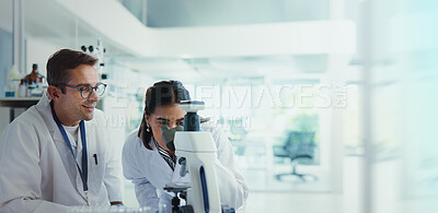 Buy stock photo Scientist, woman and man with microscope for testing, advice and medical research. Pathology, laboratory space and assistant with mentor report for pharmaceutical or biotech experiment breakthrough