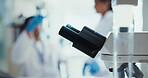 Healthcare, microscope and science with equipment in laboratory for forensic study of dna sample. Development, medical and pharmaceuticals with technology in research facility for innovation