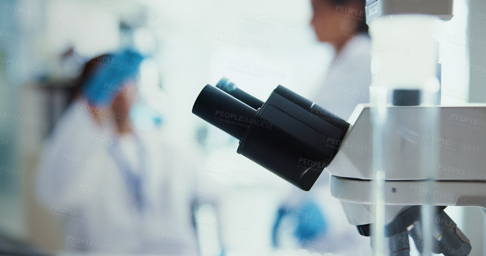 Buy stock photo Healthcare, microscope and science with equipment in laboratory for forensic study of DNA sample. Development, medical and pharmaceuticals with technology in research facility for innovation