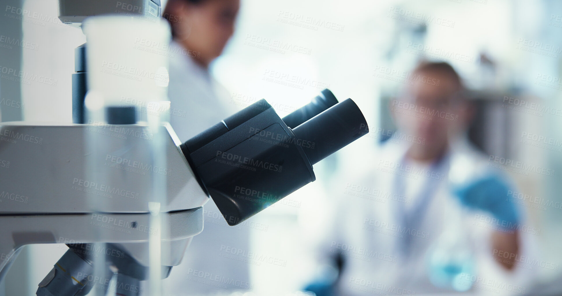 Buy stock photo Medical, microscope and science with equipment in laboratory for forensic study of dna sample. Development, healthcare and pharmaceuticals with technology in research facility for innovation