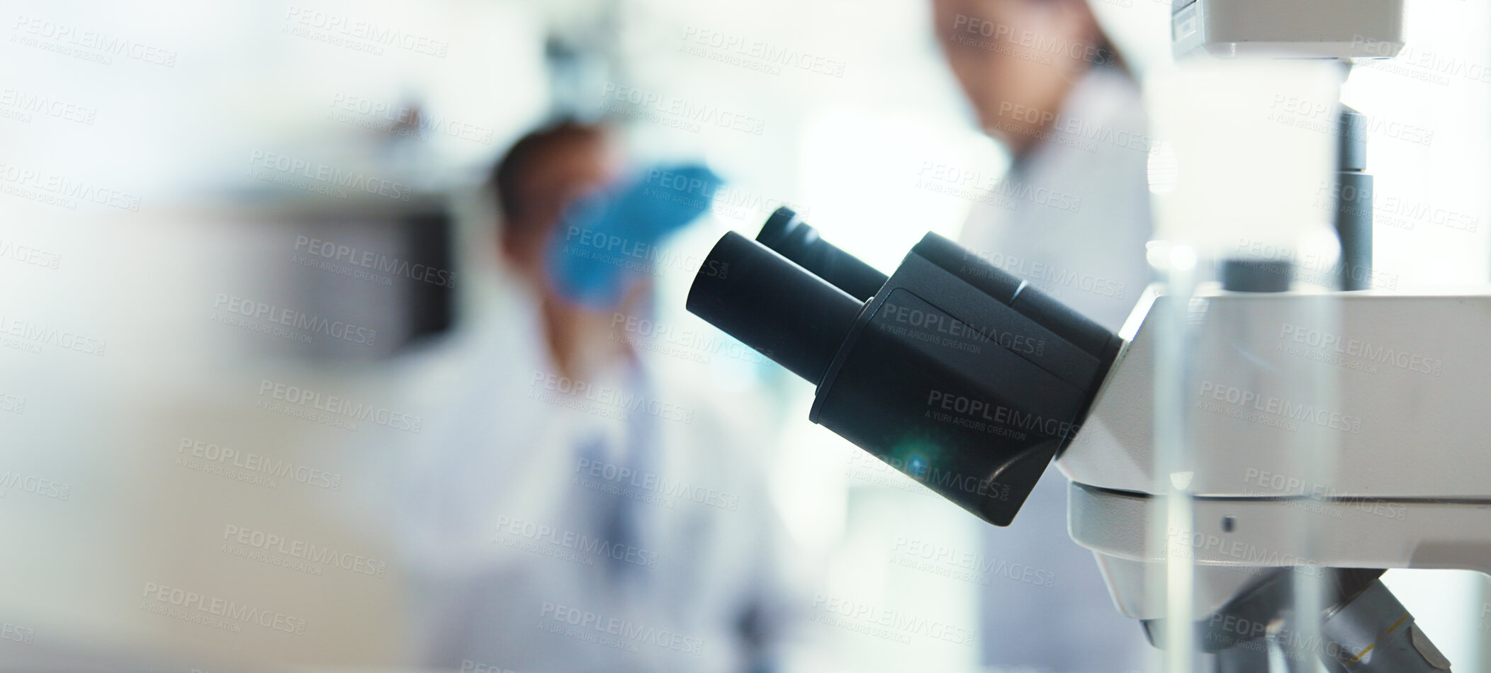 Buy stock photo Medical, microscope and science with technology in laboratory for forensic study of DNA sample. Development, healthcare and pharmaceuticals with people in research facility with innovation tech