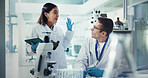 Scientist, woman and man with high five for chemistry, success and medical research. Pathology, laboratory and assistant with tablet report for pharmaceutical or biotech experiment for breakthrough