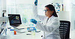 Scientist, woman and laptop with dropper for chemistry, testing and medical research. Biotech, laboratory and analysis with data inspection for pharmaceutical or pathology experiment for breakthrough