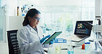 Scientist, woman and tablet with results for chemistry, testing and medical research. Biotech, laboratory and analysis with data inspection for pharmaceutical or pathology experiment for breakthrough