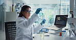 Scientist, woman and beaker with pipette for chemistry, testing and medical research. Biotech, laboratory and analysis with data inspection for pharmaceutical or pathology experiment for breakthrough