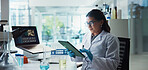 Scientist, woman and tablet with research for chemistry, testing and medical study. Biotech, laboratory and analysis with data inspection for pharmaceutical or pathology experiment for breakthrough