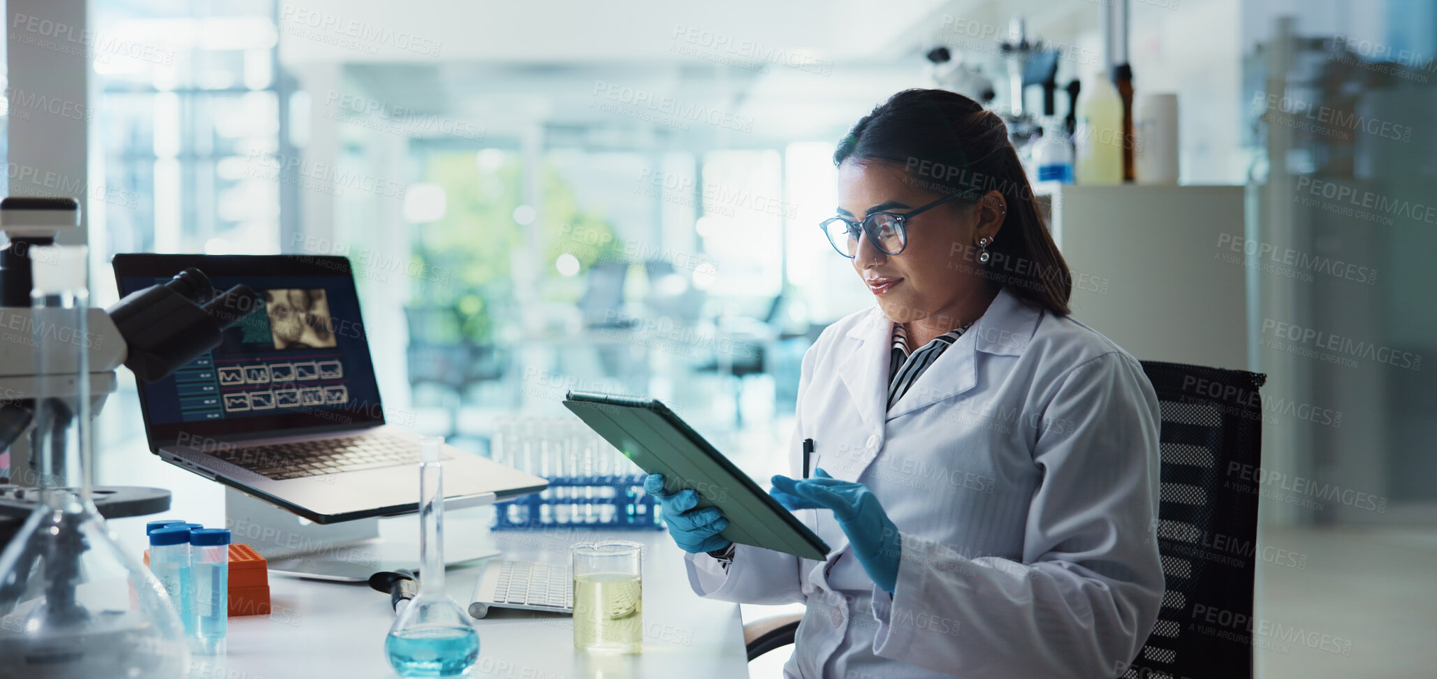 Buy stock photo Scientist, woman and tablet with research for chemistry, testing and medical study. Biotech, laboratory and analysis with data inspection for pharmaceutical or pathology experiment for breakthrough