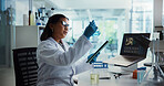 Scientist, woman and tablet with beaker for pathology, testing and medical study. Biotech, laboratory and laptop with data report for pharmaceutical or chemistry experiment with breakthrough notes