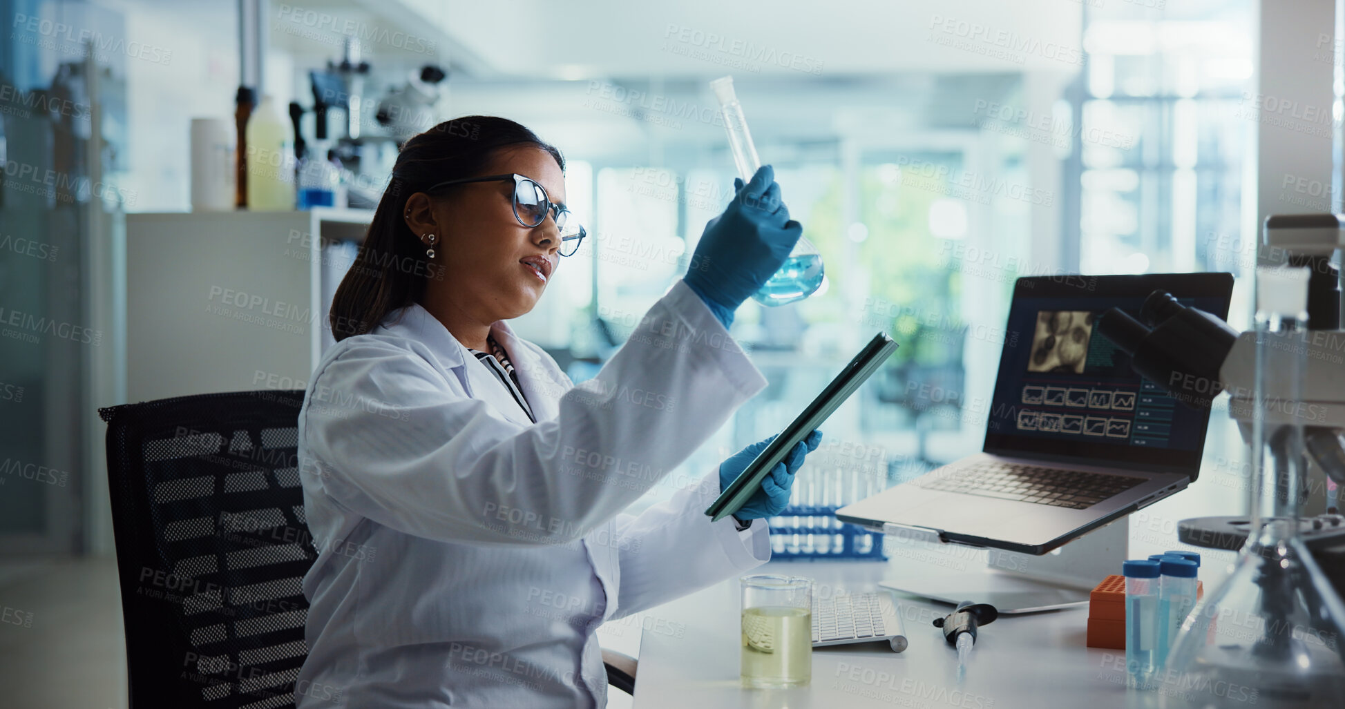 Buy stock photo Scientist, woman and tablet with beaker for pathology, testing and medical study. Biotech, laboratory and laptop with data report for pharmaceutical or chemistry experiment with research notes