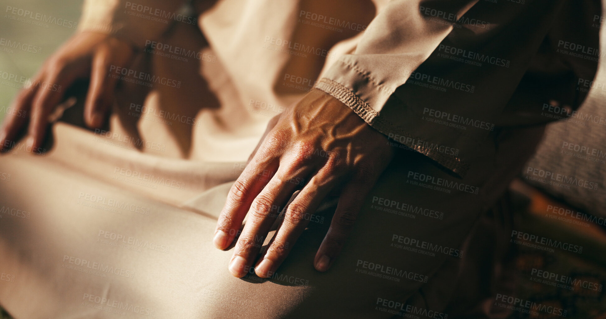 Buy stock photo Muslim, prayer and hands with man at home for gratitude, ramadan kareem and worship. Spiritual, peace and Islamic with closeup in person in living room of apartment for eid Mubarak, Allah or religion