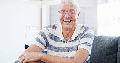 Buy stock photo Senior, happy man and portrait with glasses on sofa for retirement, pension or fund at home. Face, male person or elderly citizen with smile in joy for financial assistance, care or support at house