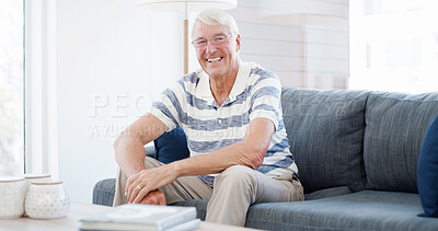 Buy stock photo Happy, sofa and portrait of senior man relax  in home for chill, rest and comfortable in morning. Retirement, house and mature person with smile for calm, peace and wellness in living room on weekend