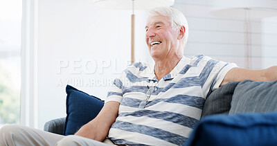 Buy stock photo Senior man, laughing and reflection on sofa, happy and memory with funny secret in lounge for retirement. Elderly person, smile and remember story with nostalgia, relax and morning at nursing home