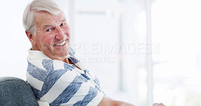 Buy stock photo Happy, sofa and portrait of old man in home for relaxing, resting and comfortable in morning. Retirement, mockup space and mature person for calm, peace and wellness in living room on weekend