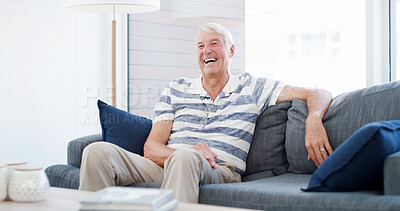 Buy stock photo Senior man, laughing and watching tv on sofa, streaming or relax with funny movie in lounge for retirement. Elderly person, smile and comic film with joke, standup comedy and show at nursing home