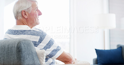 Buy stock photo Thinking, retirement and elderly man in home with reflection, ideas and hope on comfortable couch. Dementia, vision and senior person with alzheimer, nostalgia and remember past memory with peace