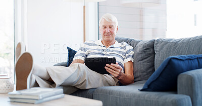 Buy stock photo Couch, senior man and relax with tablet for online game, web surfing and reading ebook at home. House, elderly person and chill on sofa with digital poker, social media and connection in retirement
