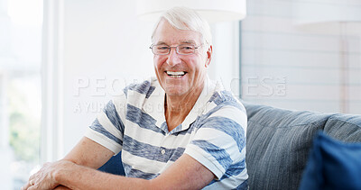 Buy stock photo Laughing, sofa and portrait of senior man in home for relaxing, resting and happiness in morning. Retirement, house and mature person with smile for calm, peace and wellness in living room on weekend