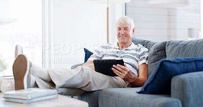 Buy stock photo Sofa, senior man and portrait with tablet for online game, web surfing and reading ebook at home. House, elderly person and relax on couch with digital poker, social media or connection in retirement