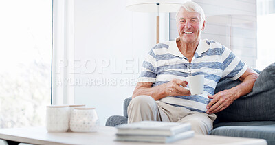Buy stock photo Home, sofa and old man in portrait with coffee, espresso and comfortable with relax on retirement. House, senior person and pensioner with tea drink for peace, calm and wellness on couch in lounge
