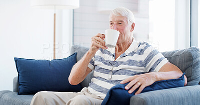 Buy stock photo Senior man, drink coffee and and watching tv on sofa, streaming and relax with news in retirement. Elderly person, smile and tea cup with show, media and television in living room at nursing home