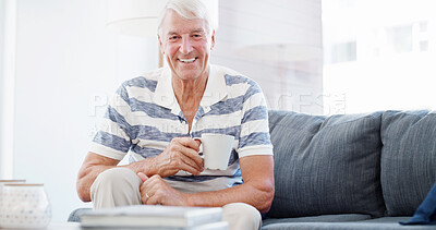 Buy stock photo Home, portrait and happy old man with coffee to relax on comfortable sofa for resting break. Smile, senior or elderly person drinking caffeine beverage for calm peace, retirement or energy in England