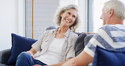 Buy stock photo Relationship, senior couple and conversation in home, happy and bonding with smile in living room. House, old man and woman in retirement, comfortable and elderly people in lounge, calm and marriage
