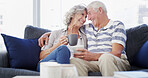 Love, relax and senior couple with coffee, home and romance for relationship in living room. Forehead touch, old man and woman with tea, retirement and elderly people in lounge, bonding and marriage