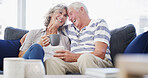 Romance, relax and senior couple with coffee, home and bonding for relationship in living room. Forehead touch, old man and woman with tea, retirement and elderly people in lounge, laughing and love
