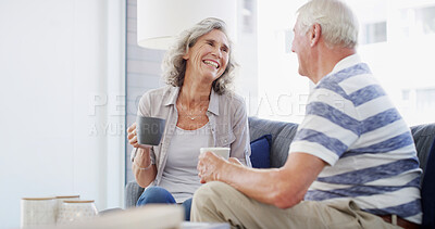 Buy stock photo Home, relax and senior couple with coffee, happy and romance for relationship in living room. Bonding, old man and woman with tea, retirement and elderly people in lounge, conversation or marriage