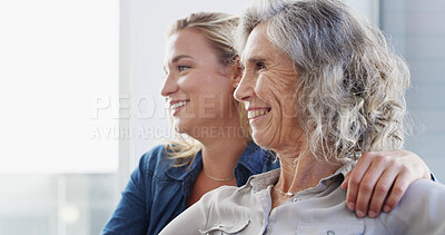Buy stock photo Home, old mother and daughter with love, smile and bonding together in living room. Family, parent and women on sofa, support and relax with weekend break, embrace and happiness with joy and care