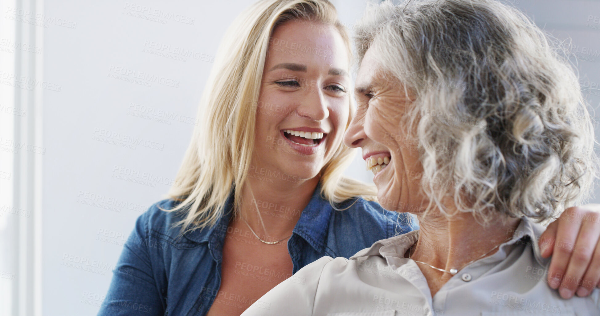 Buy stock photo Home, funny and mother with adult daughter on sofa, conversation and bonding together in living room. Family, parent and women with joke, discussion and laughing with weekend break, humor and comfort