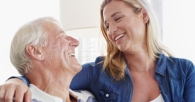Buy stock photo Home, funny and senior father with daughter on sofa, conversation and laughing in living room. Happy family, parent and dad on couch, discussion and humor with weekend break, joke and comfort
