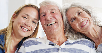 Buy stock photo Selfie, smile and portrait of family at home for bonding, memory and profile picture. Love, support and photography with senior parents and woman hug in house for reunion, connection and post