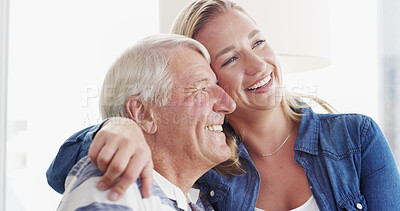 Buy stock photo Home, hug and senior father with daughter, funny and bonding together in lounge. Happy family, parent and women on sofa, discussion and embrace with weekend break, humor and comfort with love