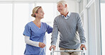 Happy nurse, senior and walker with support for healthcare, assistance or help at hospital. Elderly patient, caregiver or doctor with smile for assisted living or person with a disability at clinic