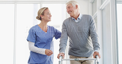 Buy stock photo Happy nurse, senior and walker with support for healthcare, assistance or help at hospital. Elderly patient, caregiver or doctor with smile for assisted living or person with a disability at clinic