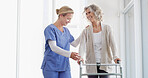 Happy women, nurse and elderly patient with walker for healthcare, assistance or help at hospital. Senior, caregiver or doctor with smile for assisted living or person with a disability at clinic