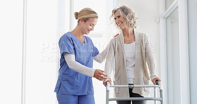 Buy stock photo Happy women, nurse and elderly patient with walker for healthcare, assistance or help at hospital. Senior, caregiver or doctor with smile for assisted living or person with a disability at clinic