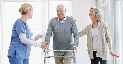 Buy stock photo Caregiver, wife or elderly man with walker, support or love for healthcare, advice or help in hospital. Senior people, nurse or old couple with smile for assisted living or patient with disability