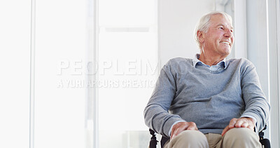 Buy stock photo Thinking, wheelchair and senior man in home with reflection, idea and hope for rehabilitation. Retirement, vision and elderly person with disability, nostalgia and remember past memory with smile