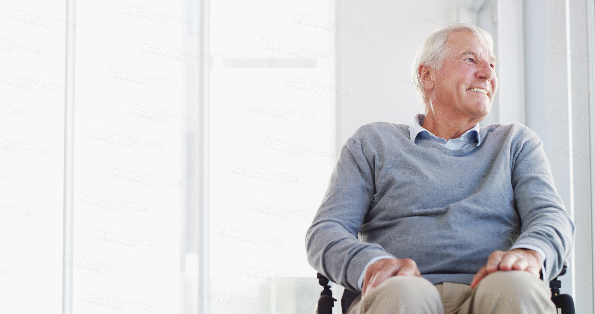 Buy stock photo Thinking, wheelchair and senior man in home with reflection, idea and hope for rehabilitation. Retirement, vision and elderly person with disability, nostalgia and remember past memory with smile