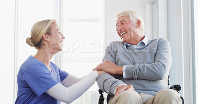 Buy stock photo Happy nurse, senior or wheelchair with support, healthcare or helpful assistance at hospital. Elderly patient, caregiver or doctor with smile for assisted living or person with a disability at clinic