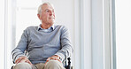 Thinking, wheelchair and elderly man in home with reflection, idea and hope for rehabilitation. Retirement, vision and senior person with disability, nostalgia and remember past memory with dementia