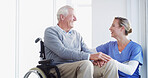 Happy nurse, elderly patient or wheelchair with healthcare, support or helpful assistance at hospital. Senior, caregiver or doctor with smile for assisted living or person with a disability at clinic