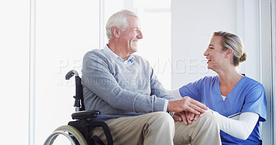 Buy stock photo Happy nurse, elderly patient or wheelchair with healthcare, support or helpful assistance at hospital. Senior, caregiver or doctor with smile for assisted living or person with a disability at clinic